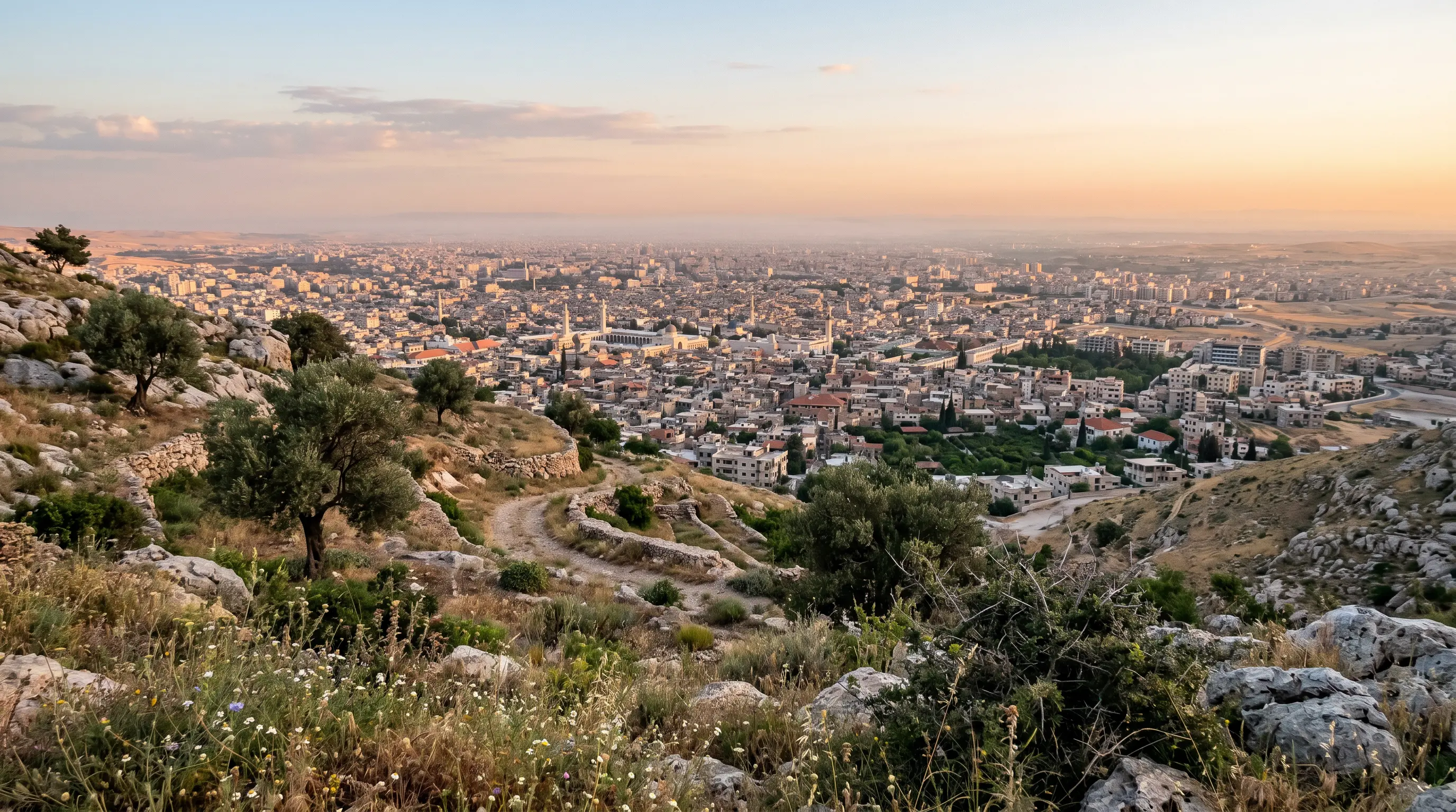 A city in a valley seen from an olive-covered ridge at first light
